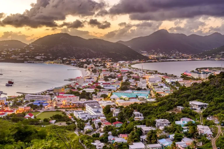 Hillside view over a coastal town and bays on St Kitts