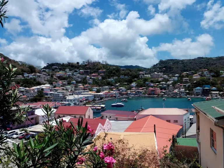 Colourful houses around the Carenage harbour in St George's, Grenada