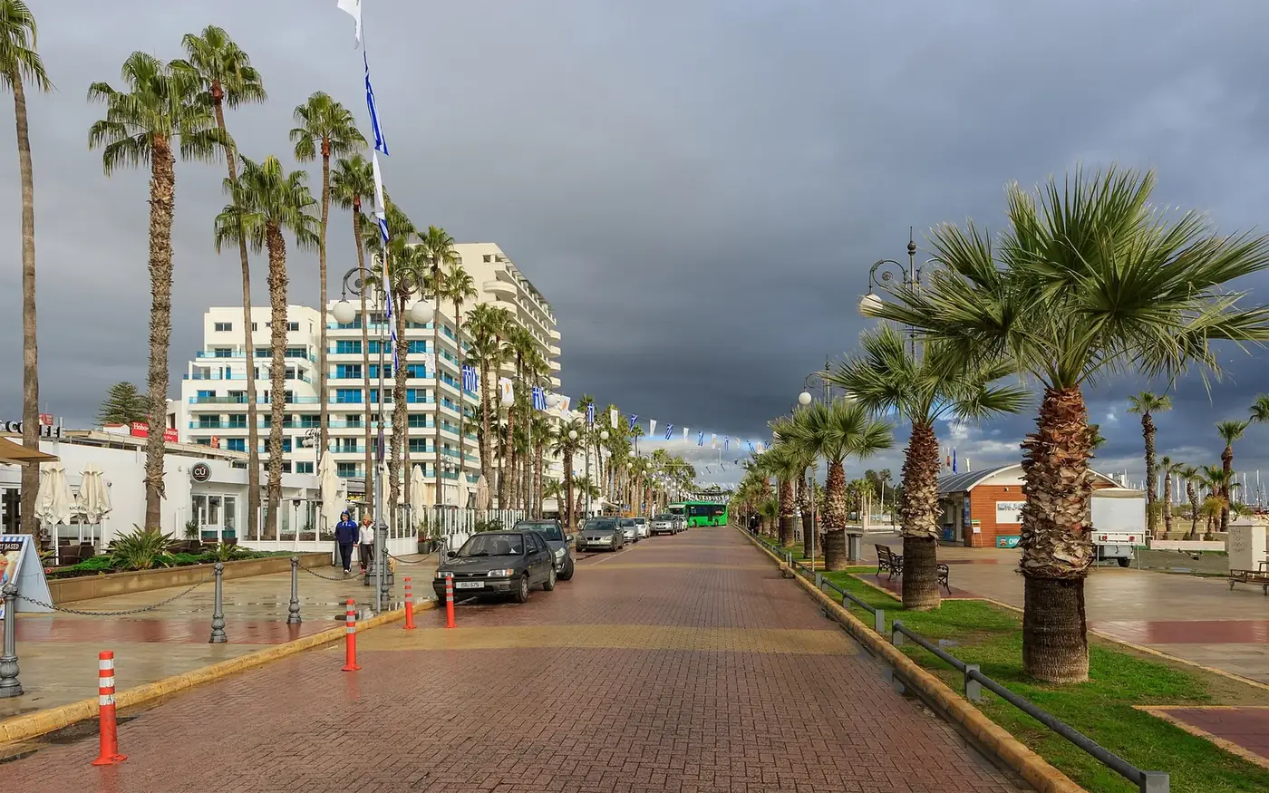 The palm-lined Finikoudes promenade and beach in Larnaca, Cyprus