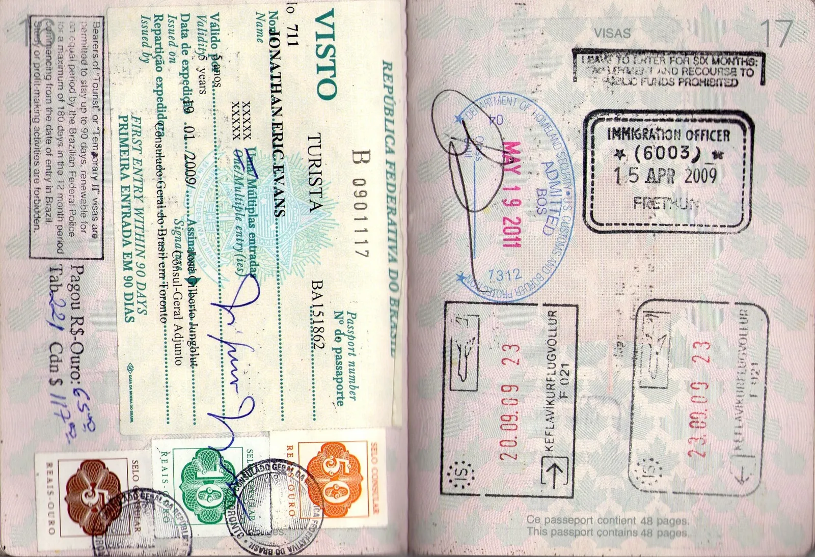 Passport pages with entry stamps from several countries