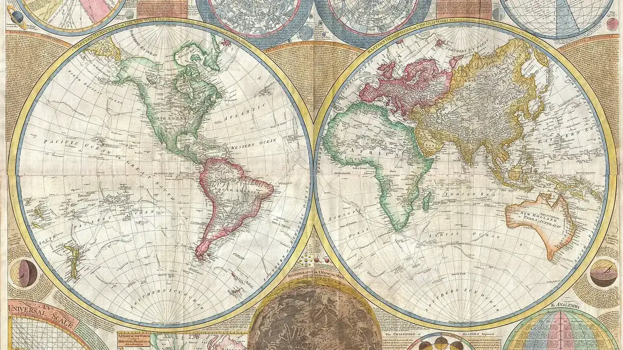Eighteenth-century wall map of the world drawn in two hemispheres