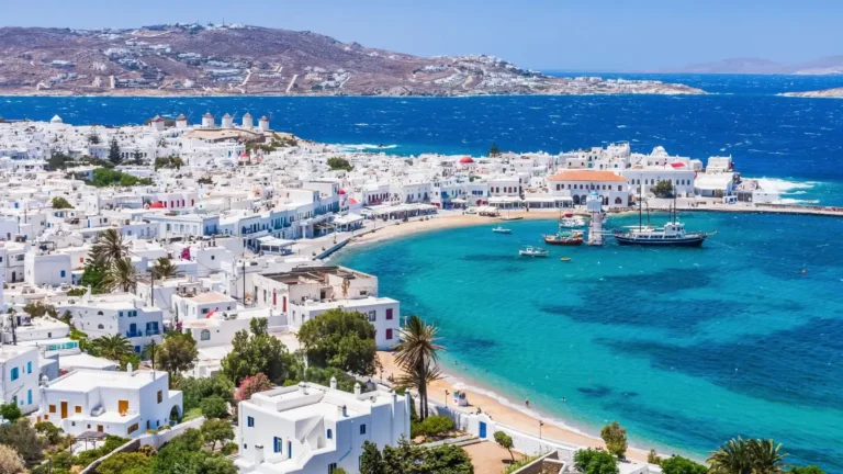 Whitewashed houses above the harbour of Mykonos town, Greece