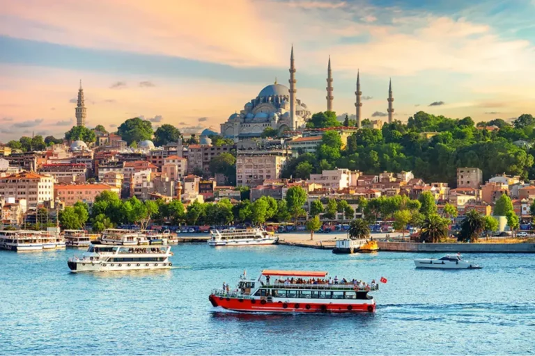 Ferries below the Süleymaniye Mosque on the Golden Horn, Istanbul, Türkiye