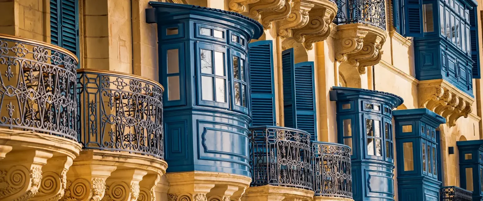 Traditional enclosed wooden balconies in Valletta, Malta